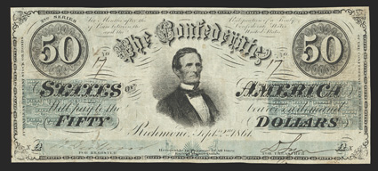 T-16. $50. 1861. Cr. 88, PF-8. No. 17. Plate XA. Jefferson Davis, center. Watermarked paper with CSA in script letters. Imprint of Keatinge & Ball printed above the Fundable
statement at left, with no VA after Richmond. Very low serial number o