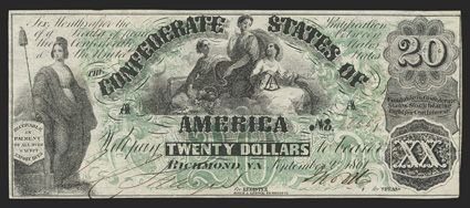 T-17. $20. 1861. Cr. 99, PF-1. Plate A. No. 25559. Liberty, left. Ceres seated between Commerce and Navigation, center. This gorgeous Uncirculated example is also a tragic
example due to an almost 2 14 vertical tear down the right side o