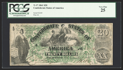 T-17. $20. 1861. Cr. Unl, PF-2. No. 22429, Plate A. Liberty at left. Ceres seated between Commerce and Navigation at top center. This is the long overprint variety for this
type, as the green overprint extends over and past Libertys head. This