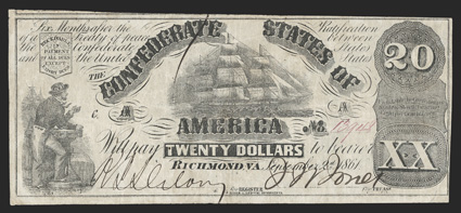 T-18. $20. 1861. Cr. Unlisted, PF-9. No. 13948, Plate CA. Sailor at lower left. Sailing vessel at top center. XX at lower right slanted to the right. Listed as a R-9 in Fricke.
Fine, ink burn at top from signature, four pinholes.