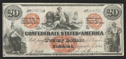 T-19. $20. 1861. Cr. 137, PF-1. Plate A. No. 3382. Minerva standing, left Navigation seated by a globe and charts, top center. Blacksmith at right. This is the second of the
gorgeous Southern Bank Note orange overprinted notes. Glowing orange