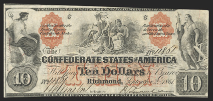 T-22. $10. 1861. Cr. 152, PF-2. No. 11861. Plate C. Orange die counters and TEN. Thetis at left. Group of Indians in the center. Woman holding ear of corn in right and X in
left. This is from the rarer Plate C and has a lovely dark red overprin