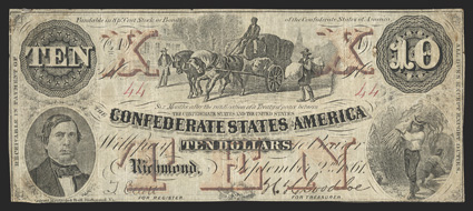T-23. $10. 1861. Cr. 153, PF-1. No. 44. John E. Ward, left wagon load of cotton at top center. The Corn Gatherer, lower right. The orange overprints are still quite defined,
however, they have oxidized to a deep red-brown color. Fine,