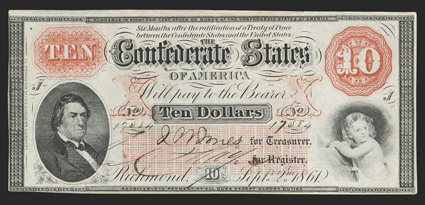 T-24. $10. 1861. Cr. 156, PF-1. No. 17584. Plate J. R. M. T. Hunter, left. Vignette of the Reverend Dr. Alfred L. Elwin as a child, right. This is simply a gorgeous note
printed on plain paper. There is a pinhole is each of the upper corners. <