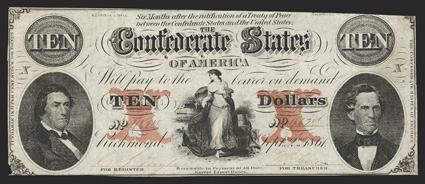 T-26. $10. 1861. Cr. 181, PF-15. No. 46288. Plate X. Similar to previous. Printed on paper watermarked CSA in block letters. Solid red underprint. Fricke Rarity 10.Fine,
CC.