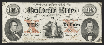 T-26. $10. 1861. Cr. 199, PF-25. No. 97021. Plate X. Similar to previous. This beautiful Uncirculated example displays phenomenal just printed embossing on the back. Printed on
paper watermarked CSA in script letters. Cut Cancelled, and eac