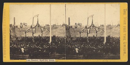 Fort Sumter: Reoccupation Stereo View Stereoscopic Photograph of the United States flag being raised once more over Fort Sumter, printed by E & HT Anthony of NY, 3144 in a
series. 3-cent proprietary stamp on verso. VG.