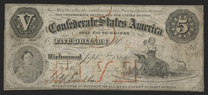 T-32. $5. 1861. Cr. 246, PF-1. No. 2960. Plate A. The always popular Leggett, Keatinge & Ball $5 with orange denomination overprint and the young boy in the oval at left. At
right, a blacksmith with the tools of his trade - anvil, tools and sle