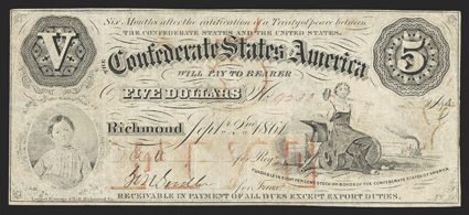 T-32. $5. 1861. Cr. 249, PF-2. No. 9233. Plate AA. Boy in oval at lower left. Machinist with hammer at right. The orange overprints on this VGF example have yet to oxidize, as
is typically seen at this grade level. Fully framed with not a