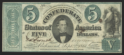 T-33. $5. 1861.  Cr. 254Ba, PF-7 State I.  No. 22774, Plate H. C.G. Memminger at center. Minerva at right. Printed on plain paper with blue-green overprint. Fine, two ink
stains at right along with two pinholes noted.