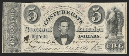 T-34. $5. 1861. Cr. 262A, PF-2. No. 9996. Plate Y. C.G. Memminger, center. Minerva, right. Printed on plain paper. Reoeivable error in clause at lower margin. One of the most
defined O errors that we can recall seeing.  Fine.