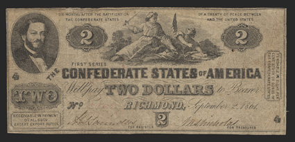 T-38. $2. 1861. Cr. 286, PF-1. No. 5365, Plate 4. Judah Benjamin at upper left. South striking down the Union at top center. This issue was erroneously dated September 1, 1861
instead of June 2, 1862 by Blanton Duncan, with approximately 3500 n
