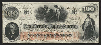 T-41. $100. Two For Treasurer Clauses.  1862. Cr. 320C, PF-24. No. 84080. Plate Z. J.C. Calhoun, left. Slaves hoeing cotton, center. Confederacy, right. This Two For Treasurer
clauses at bottom. Detailed in the Fricke Condition cens