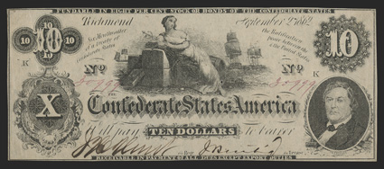 T-46. $10. 1862. Cr. 343, PF-2. No. 30999. Plate K. State I. Ceres resting on cotton bales at top center. R. M. T. Hunter to the lower right. Extremely Fine with
pinholes.