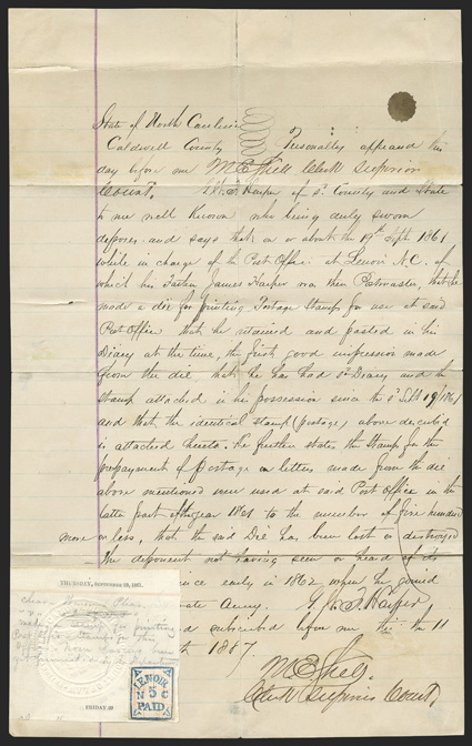49X1, Lenoir, N.C. 5c Blue and orange, unused single with full margins showing frame lines all around, bright fresh colors and unusually clean impressions, affixed to a small
piece of a diary dated September 19, 1861, the piece is then affixed t