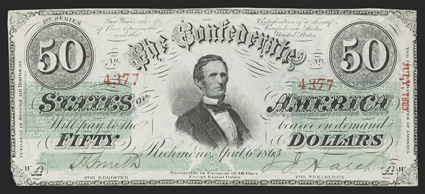 T-57. $50. Cr. 408, PF-3. Plate WA. No. 4377. Jefferson Davis. State III - No VA. This 1st Series example is missing the initials of VA at the left edge after Keatinge and
Ball. While the note would grade Extremely Fine, the lower left