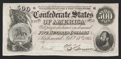 T-64. $500. 1864. Cr. 489, PF-2. No. 23055.  Plate B.  Confederate seal and battle flag, left Stonewall Jackson, right. Light Pink under tint.  Choice AU, with great
embossing.