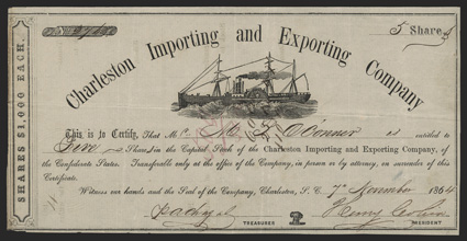 Blockade Runners: Charleston Importing & Exporting (SC), $1000 shares, November 7, 1864, 2762, signed by Henry Cobia as president, blockade runner at top, bale of wheat bottom.
Edge wear especially at left, two pinholes, but a strong V