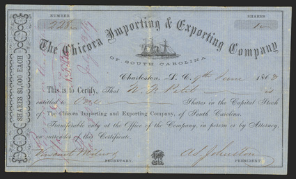 Blockade Runners: Chicora Importing & Exporting (SC), $1000 shares, January 9, 1863, 228, on blue paper, blockade runner top, palmetto bottom, loan and repayment note in red
pen across face, fold wear including some discoloration, with light t