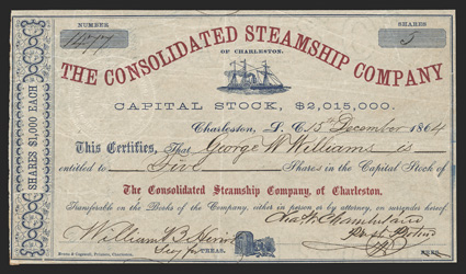 Blockade Runners: Consolidated Steamship Company of Charleston (SC), $1000 shares, Charleston, December 15, 1864, 1477, issued to George Williams, blockade runner at top, dog
with safe and key at bottom, red and blue, some creases, age-ton
