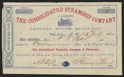 Blockade Runners: Consolidated Steamship Company of Charleston (SC), $1000 shares, July 14, 1863, 6, blockade runner top, dogs head bottom, blue and red, age-toned, with nicks
at edges, folds and minor wrinkles, chip at top left edge, but ver