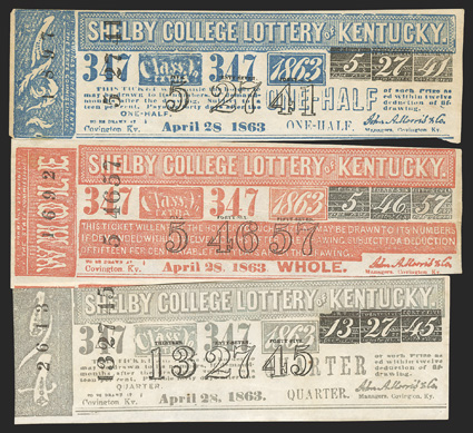 Lottery Tickets (KY), Group of 9 colorful tickets, all from the year 1863, for the Town of Frankfort (2), 115 blue and 344 green (half) and for Shelby College (7), 682 tan
(quarter), 1688 green, 1692 orange, 1705 green, 1709 blue, 1887 re