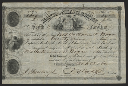 Bank of Charleston (SC), 29 Shares, March 28, 1862, 8619, state arms at top, medallions with male head at top and bottom left with cherub in cloud between them, left edge
trimmed into border, transferred on verso, toned, folds, VF+. The