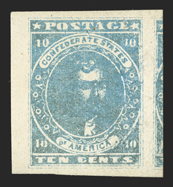 2, 10c Blue, Paterson printing, a spectacular mint single, featuring enormous margins all around, including a sheet margin at left and a portion of the adjoining stamp at right,
bright color and the usual Patterson printing impression, full orig