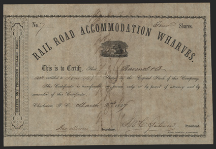 Rail Road Accommodation Wharves (SC), $1000 Shares, March 2, 1857, 7, issued to Ravenel & Co, cotton factors, ships in front of fort, well toned, fold wear, heavy ink transfer
on verso, tape partially repairs spindle hole on verso, about <