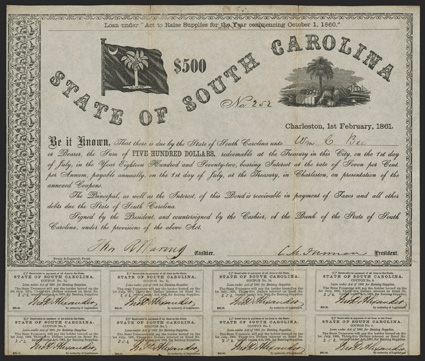 State of South Carolina, $500 7% loan, under Act to Raise Supplies for the Year commencing October 1, 1860, February 1, 1861, Cr. 61C, 252, two rows of coupons, reinforcements
on verso at fold edges, VF+.
