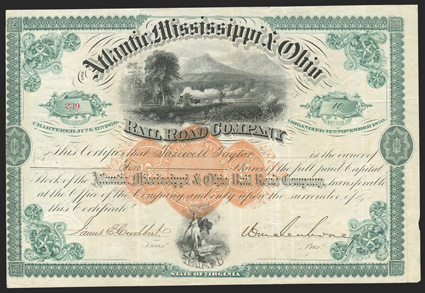 Atlantic, Mississippi & Ohio RR (VA), Ten shares, organized 1870, 239, signed by Wm. Mahone as president, train passes mountain into woods top, VA state arms bottom, imprinted
25-cent revenue stamp center, green, left edge trimmed into bor