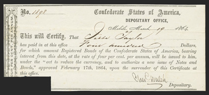 AL. Mobile. $400. March 19, 1864. AL-89A. Mobile Type 2. No. 1898. IDR Plate Form, page 103. Paper cut away at lower left corner. F-VF. From The Holger Dreher
Collection