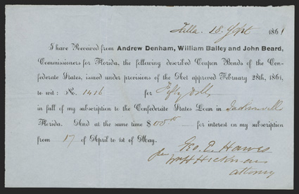 FL. Jacksonville. $50. Sept. 18, 1861. FL-6. Bond Receipt Form. No. 1416. This Bond Receipt form is printed on blue woven paper, and is listed as a Rarity 15 (Unique) and not
pictured in the IDR book. Very Fine with a small tear at to
