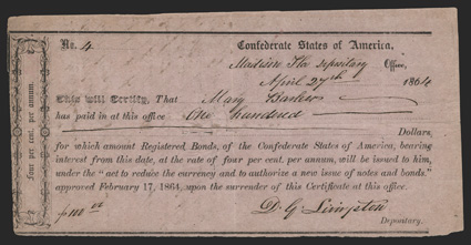 FL. Madison. $100. Apr. 27, 1864. FL-11. Richmond Type II. No. 4. Approximately 100 IDRs were issued in Madison over an almost three month period. This FVF example is cut
cancelled with three pinholes. Transfer statement on back. Fr