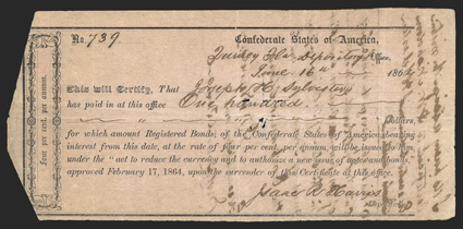 FL. Quincy. $100. June 16, 1864. FL-20. Richmond Type II. No. 739. Only 75 were issued of this type, and today is listed as a Rarity 13 (3-5 known). Fine+ with small paper loss
around cut cancel. Two transfer statements on back. From
