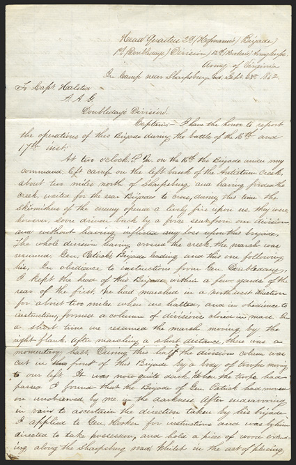Antietam: Official Report Important Autograph Document Signed J.W. Hofmann  Lt. Col. 56th Regt, Penna Vols  Comdg 2d Brigade, 3-12 pages, legal folio, In Camp near Sharpsburg,
Md, September 23, 1862. Hofmann sends to Capt. H