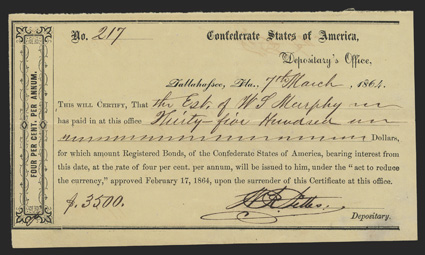 FL. Tallahassee. $3500. March 7, 1864. FL-37. No. 217. This lot begins a run of local Tallahassee Type 1 Forms, as the city and state are printed, and an interesting fact is
that 11, yes ELEVEN, different colors of paper were used to print