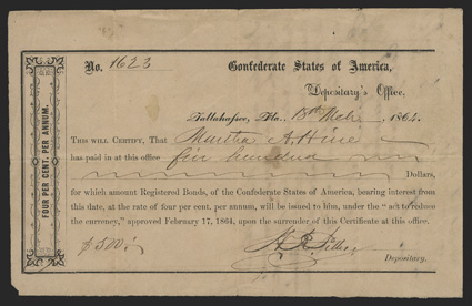 FL. Tallahassee. $500. March 18, 1864. FL-40. No. 1623. Printed on golden paper. Fine, splits at center fold at top and bottom. Lower left corner tip off outside of frame line.
Two pinholes. Two transfers notated on back. From The Joe