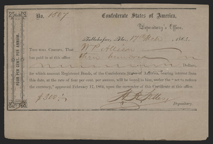 FL. Tallahassee. $300. March 17, 1864.  FL-44.  No. 1507. As previous, but printed on khaki-gray paper. Transfer statement on back. Fine, cut cancelled with two small splits
along top edge. From The Joe C. Copeland Collection
