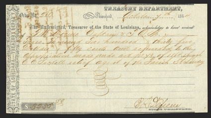 LA. Shreveport. $3,235.50. October 7, 1864. No. 210. This State of Louisiana Treasury Department form states that Relief Agent of St. Landry Parish C.C. Pickett received the
above amount from a Captain and Assistant Quarter Master that appe