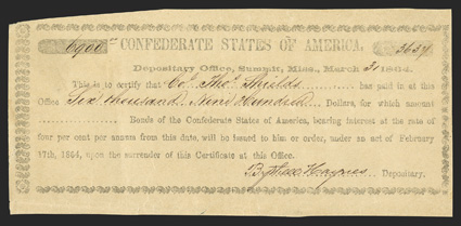 MS. Summit. $6,900. March 31, 1864. MS-69. Local Typeset, No. 3634 IDR Plate Form, page 228. Printed on golden paper with a regular rather than script lettering. VFEF with
stamp hinges on back covering some small edge tears.