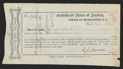 NC. Morgantown. $400. March 26, 1864. NC-87. Statesville local typeset Type 1A. No. 769. IDR Plate Form, page 258. Printed by Iredell Express Job Office, Statesville, N.C. On
thick blue-grey wove paper. Office at Morgantown, N.C.
