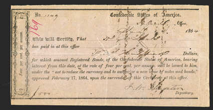 NC. Salem. $500. June 22, 1864. NC-138. Richmond Type II. No. 1149. IDR Plate Form, page 274.. Endorsement on back. VF, cut cancelled with pinholes and red 169 written at upper
left corner.