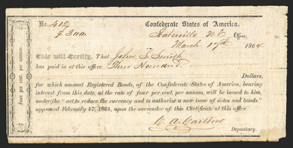 NC. Statesville. $500. March 17, 1864. NC-150. Richmond Type II. No. 412. Plate IDR Form, page 278. Faded endorsement on back. Fine, pinholes, small tears at right and missing
lower right corner tip.