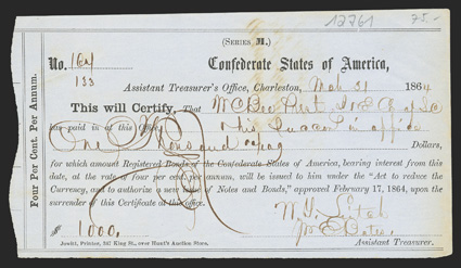 SC. Charleston. $1000. March 31, 1864. SC-37. Charleston Typeset Form 1. No. 164. Issued to William C. Bee of Blockade Running fame in Charleston. VF. From The Holger Dreher
Collection