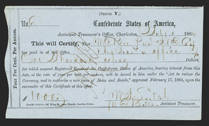 SC. Charleston. $1000. July 1, 1864. SC-38. Charleston Typeset Form 1. No. 6. Another IDR issued to William C. Bee, noted Charleston blockade runner. VF-EF. From The Holger
Dreher Collection