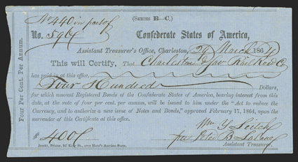 SC. Charleston. $400. March 29, 1864. SC-40. Charleston Typeset Form 1. No. 5967. IDR Plate Form,, page 312. Printed on dark blue laid paper that is watermarked Edinburgh 1864.
 VF. From The Holger Dreher Collection