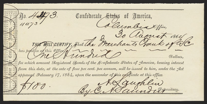 SC. Columbia. $100. August 30, 1864. SC-66. Columbia Local Typeset 1. No. 4473. Made out to the Merchants Bank of South Carolina. Extremely Fine. From The Holger Dreher
Collection