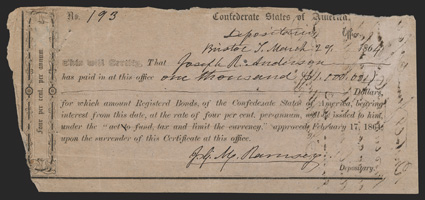 TN Bristol. $1,000. March 29, 1864. TN-3. Richmond Type IA. No. 193. Bristol is a border town that crosses both Tennessee and Virginia. This Very Good example was endorsed on
back by Joseph Anderson to settle his 1863 taxes with the Con