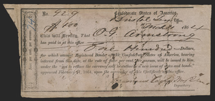 TN. Bristol. $100.  March 31, 1864.  TN-7. Richmond Type II.  No. 929. VGF with small tears at top center and left center edge. Tax statement on back. From The Joe C. Copeland
Collection